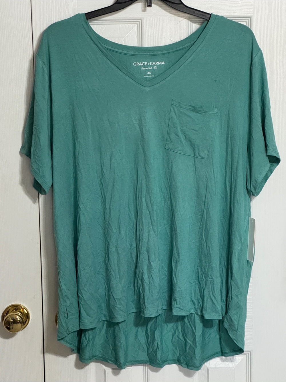 Grace + Karma Womens Teal V-Neck Short Sleeve Pocket Tee